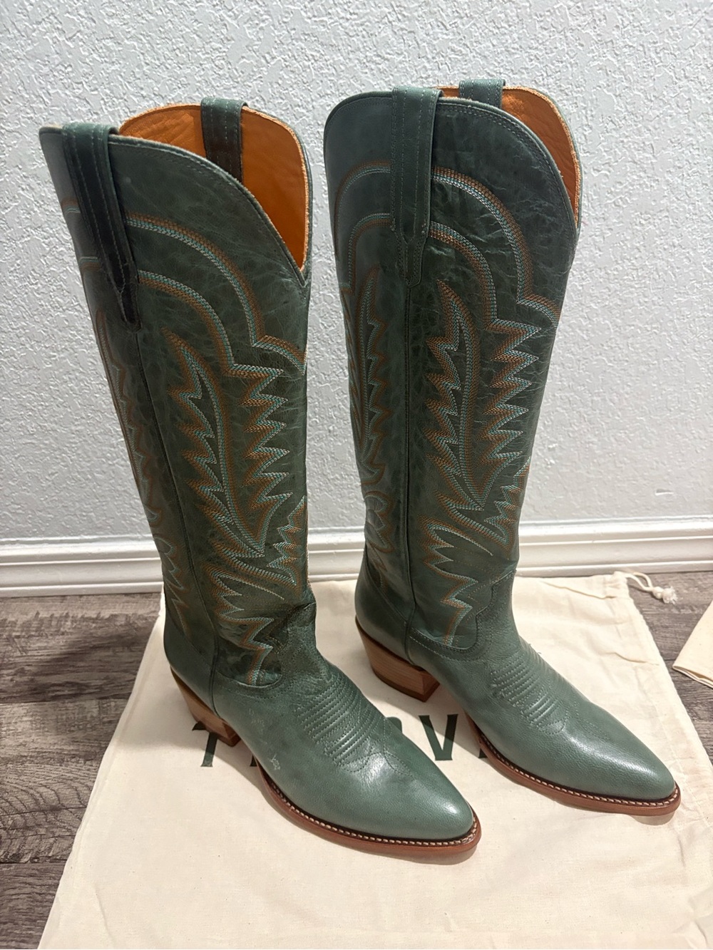 Tecovas Abby sagebrush goat  Teal Green Leather Western Knee-High Boots - Picture 2 of 7